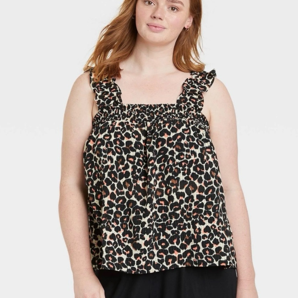 Who What Wear Black and White Smocked Ruffle Tank Top